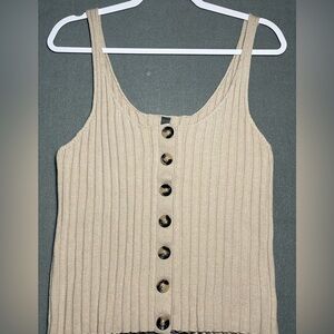 ALYA Ribbed Knit Button Front Tank Top Beige Neutral Sleeveless Size L